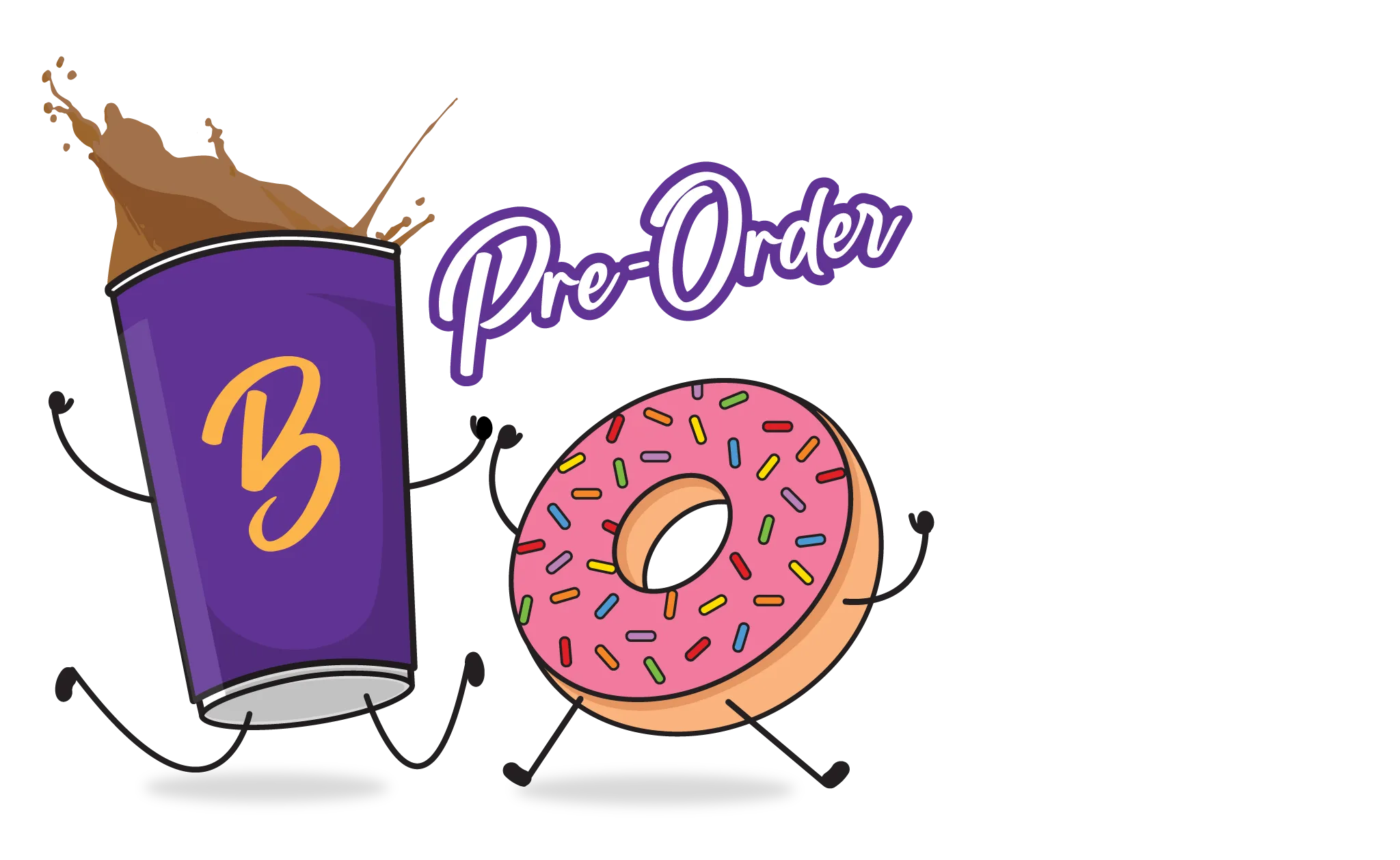 An illustration of a Baxter's coffee and donut with arms and legs jumping in celebration. The text "Pre-Order" is superimposed above.