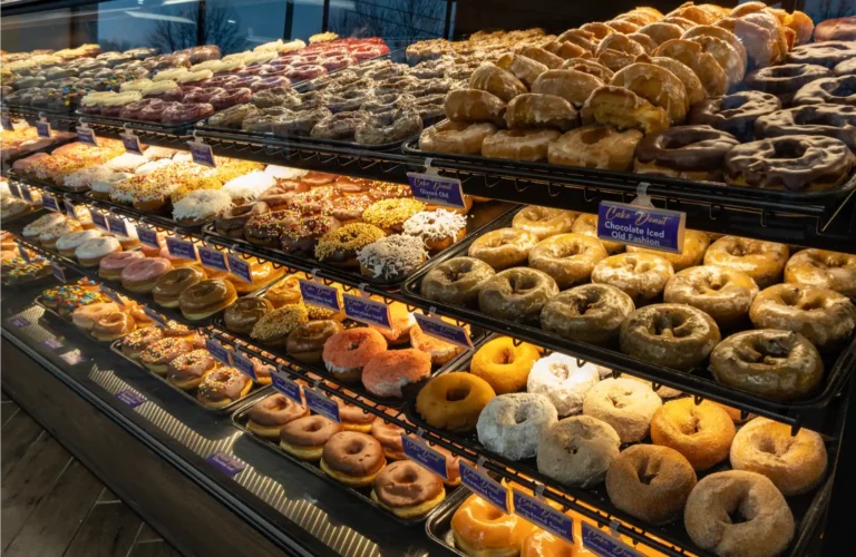 A wide variety of donuts are on display in the donut case at Baxter's.