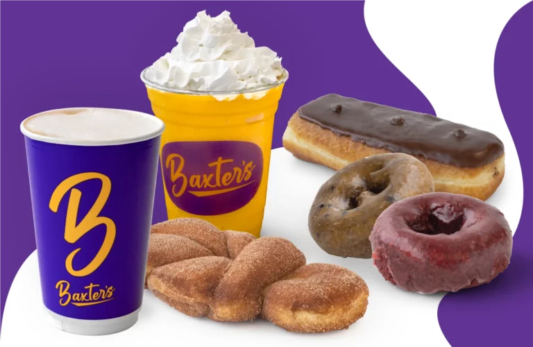 Various beverages and donuts from Baxter's are on display together in front of a purple and white background.